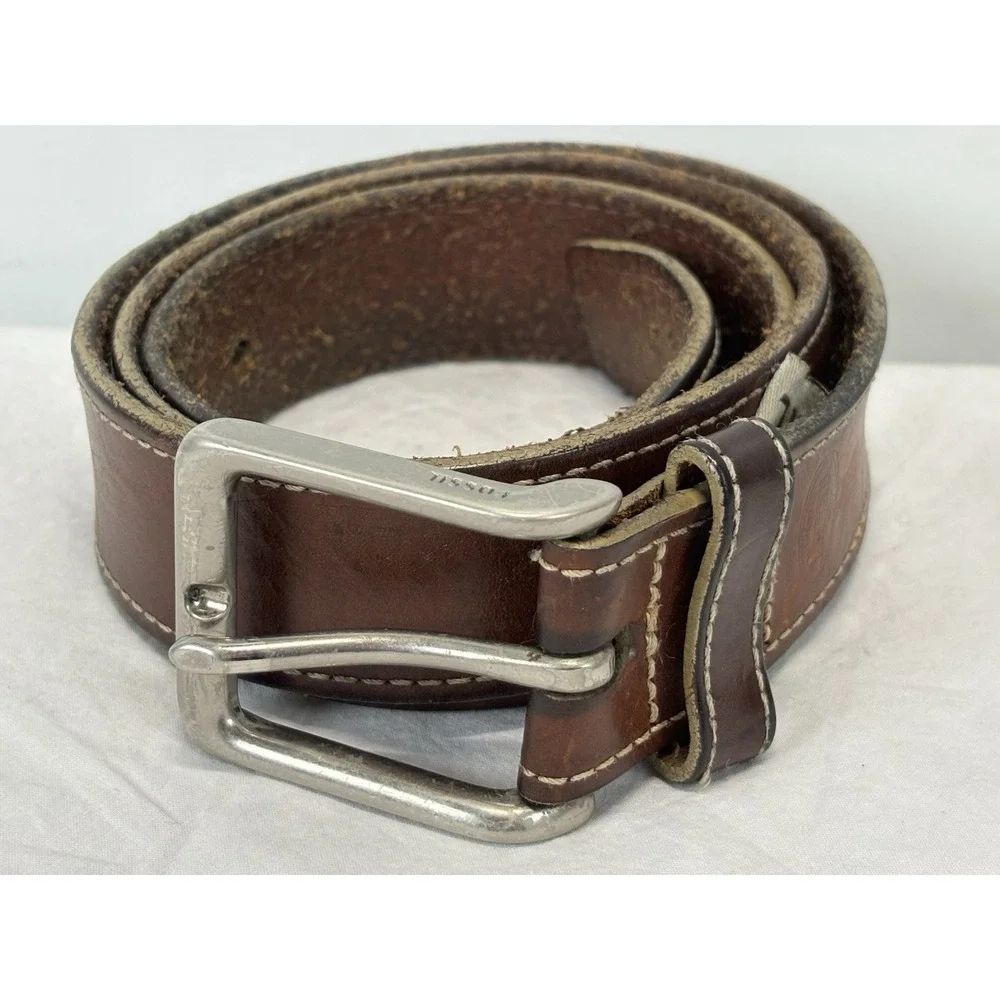 Vtg Fossil Brown Leather Belt Sz 36 Men's Distressed 1.25
